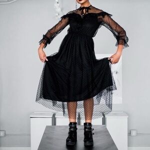 Black mesh long sleeve dress with tie in front | SIZE SMALL